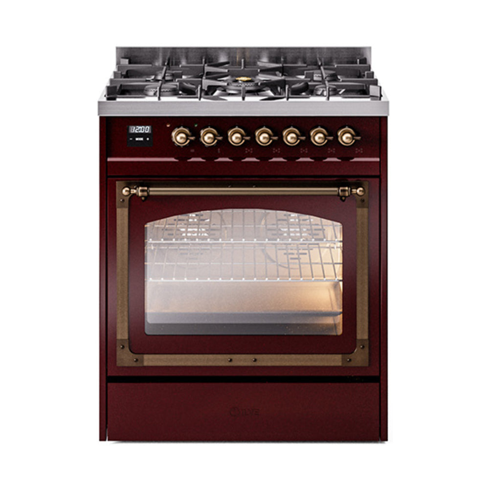 ILVE Nostalgie II Noblesse 30-Inch Natural Gas Dual Fuel Range, Triple Glass Door Oven, Burgundy with Burnished Bronze Trim (UN30NMPBUB)