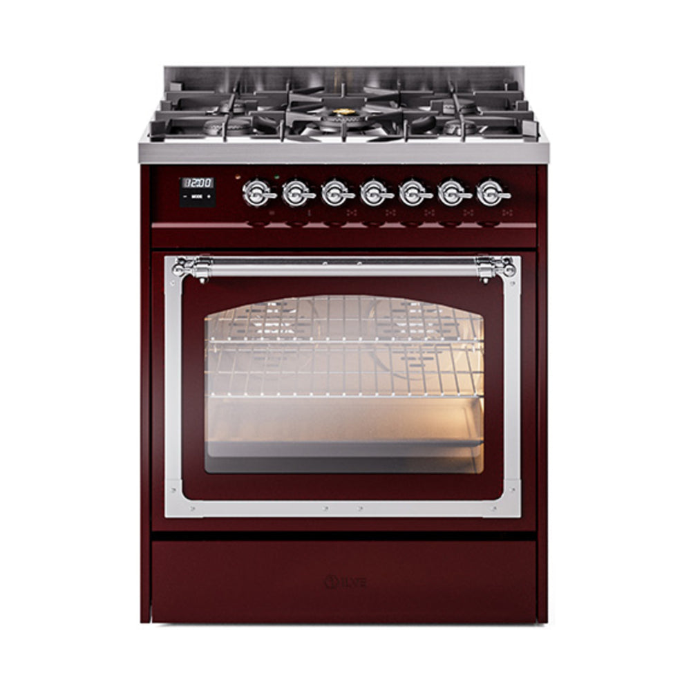 ILVE Nostalgie II Noblesse 30-Inch Natural Gas Dual Fuel Range, Triple Glass Door Oven, Burgundy with Chrome Trim (UN30NMPBUC)