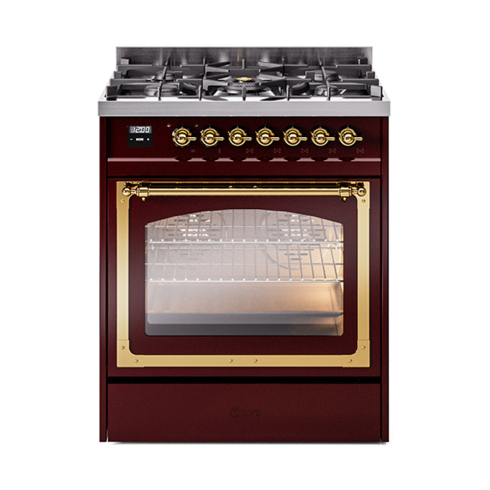 ILVE Nostalgie II Noblesse 30-Inch Natural Gas Dual Fuel Range, Triple Glass Door Oven, Burgundy with Brass Trim (UN30NMPBUG)