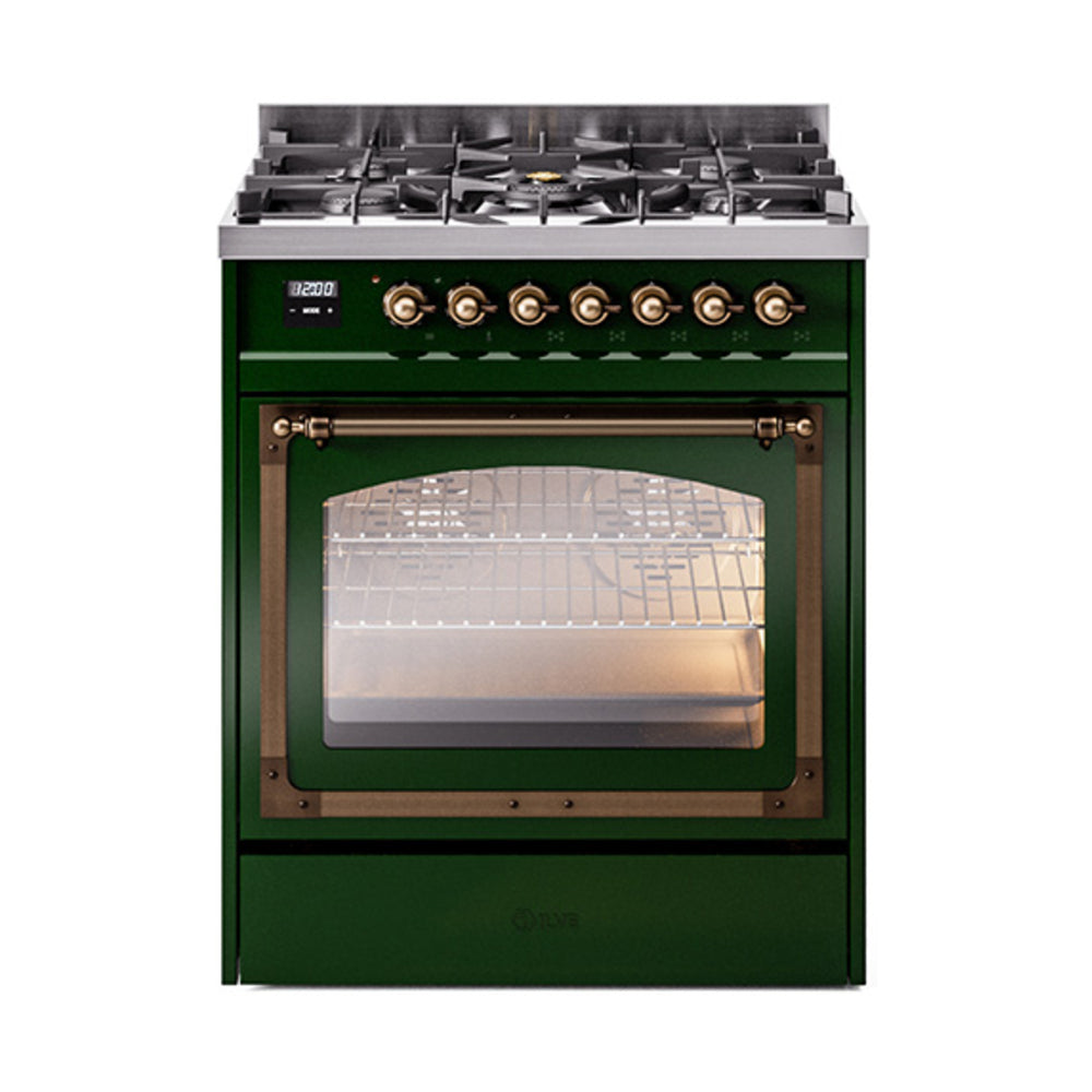 ILVE Nostalgie II Noblesse 30-Inch Natural Gas Dual Fuel Range, Triple Glass Door Oven, Emerald Green with Burnished Bronze Trim (UN30NMPEGB)