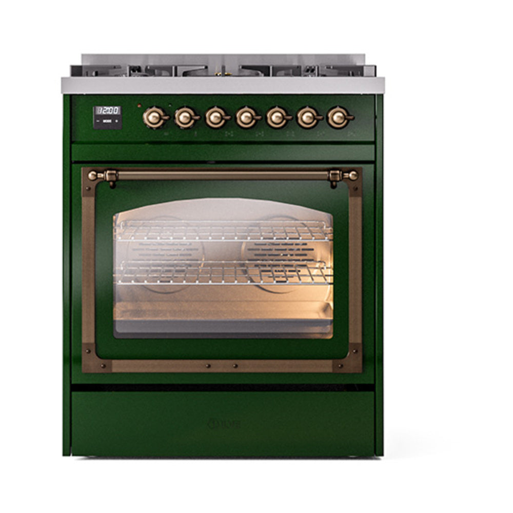 ILVE Nostalgie II Noblesse 30-Inch Propane Gas Dual Fuel Range, Triple Glass Door Oven, Emerald Green with Burnished Bronze Trim (UN30NMPEGBLP)