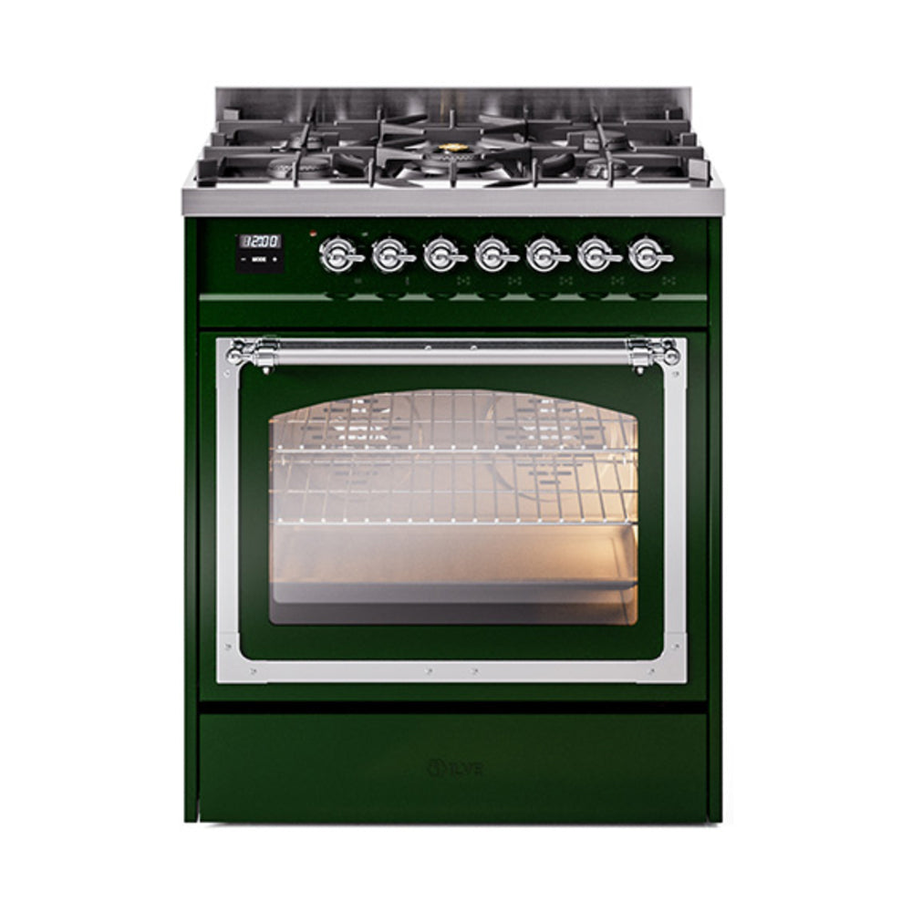 ILVE Nostalgie II Noblesse 30-Inch Natural Gas Dual Fuel Range, Triple Glass Door Oven, Emerald Green with Chrome Trim (UN30NMPEGC)