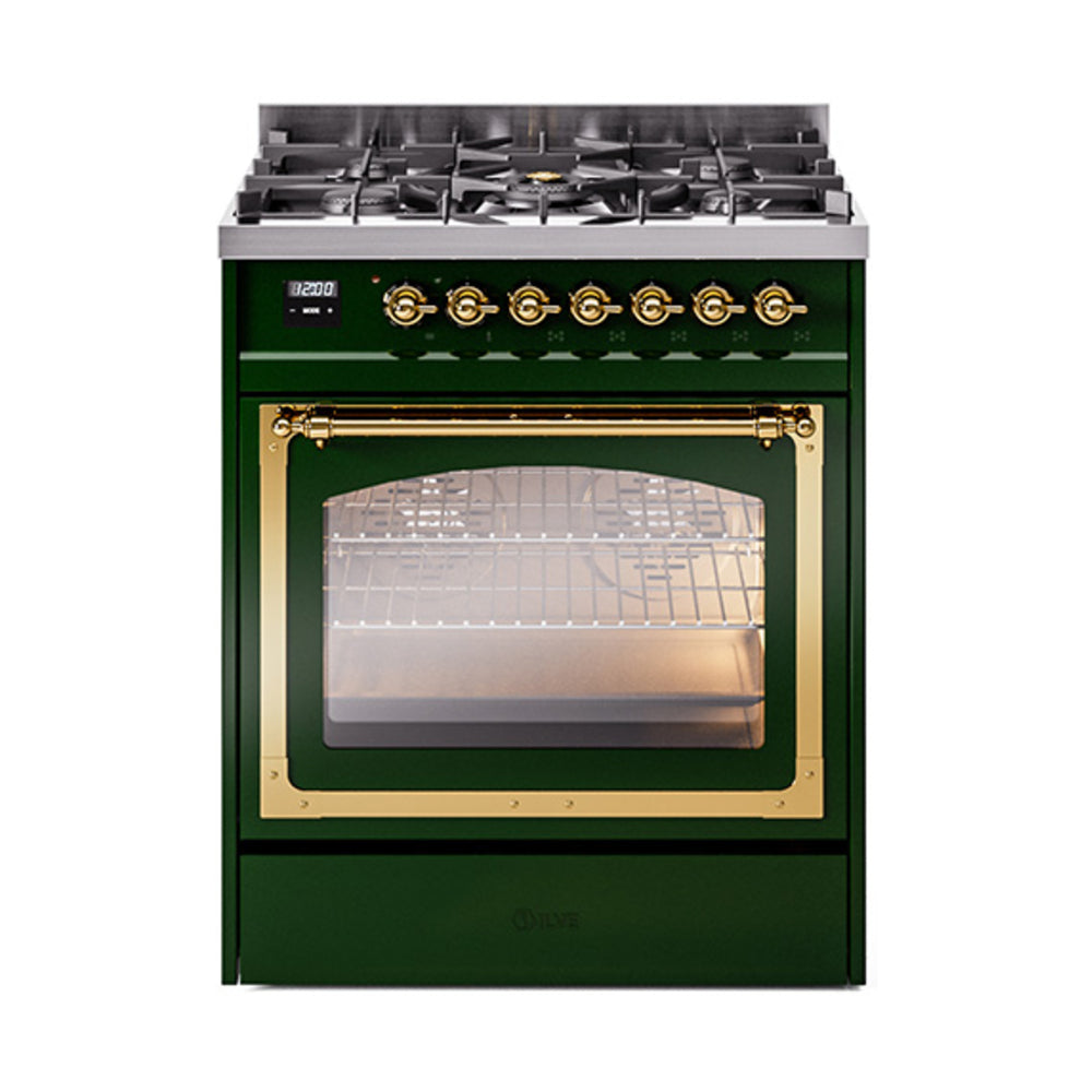 ILVE Nostalgie II Noblesse 30-Inch Propane Gas Dual Fuel Range, Triple Glass Door Oven, Emerald Green with Brass Trim (UN30NMPEGGLP)