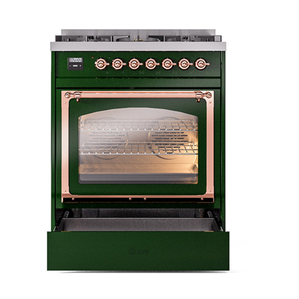 ILVE Nostalgie II Noblesse 30-Inch Propane Gas Dual Fuel Range, Triple Glass Door Oven, Emerald Green with Copper Trim (UN30NMPEGPLP)
