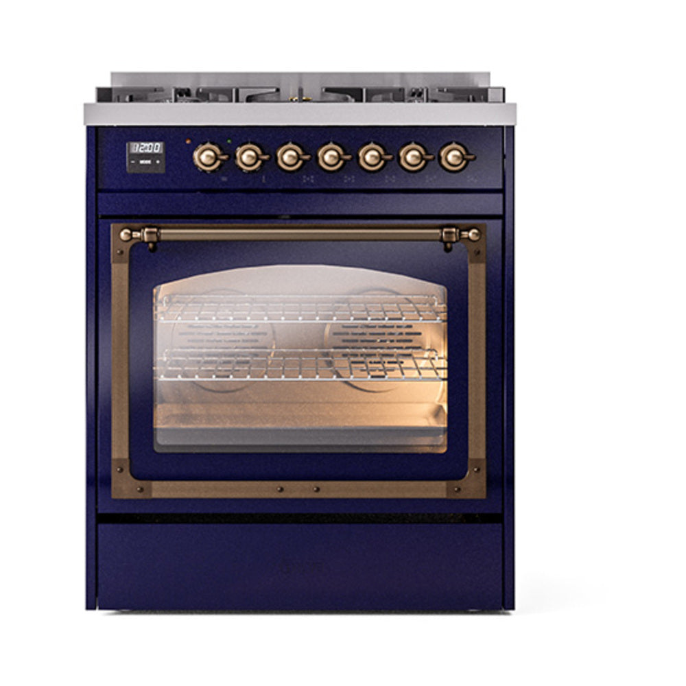 ILVE Nostalgie II Noblesse 30-Inch Propane Gas Dual Fuel Range, Triple Glass Door Oven, Midnight Blue with Burnished Bronze Trim (UN30NMPMBBLP)