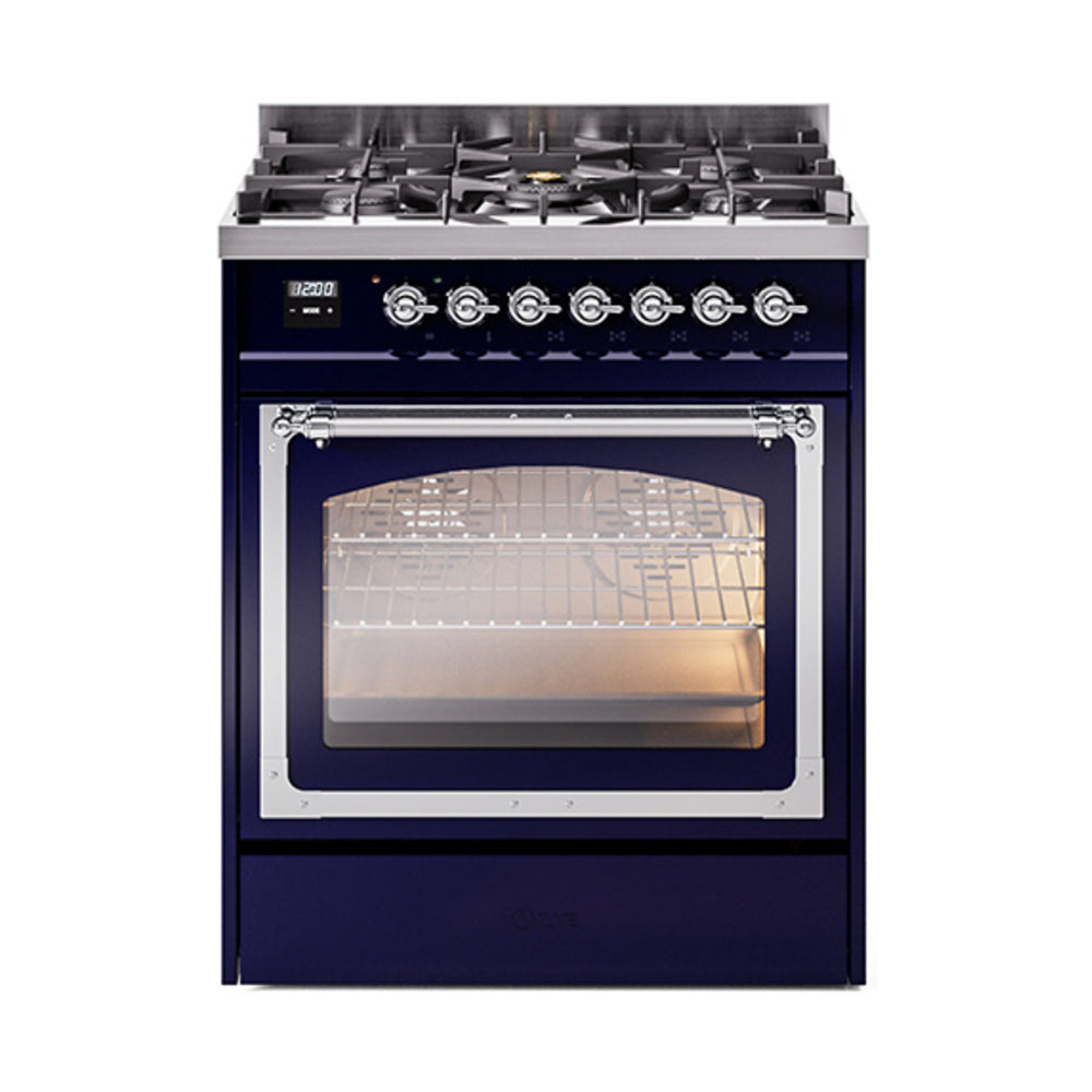 ILVE Nostalgie II Noblesse 30-Inch Natural Gas Dual Fuel Range, Triple Glass Door Oven, Midnight Blue with Chrome Trim (UN30NMPMBC)
