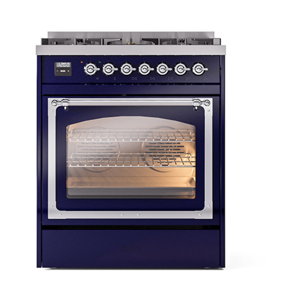 ILVE Nostalgie II Noblesse 30-Inch Propane Gas Dual Fuel Range, Triple Glass Door Oven, Midnight Blue with Chrome Trim (UN30NMPMBCLP)