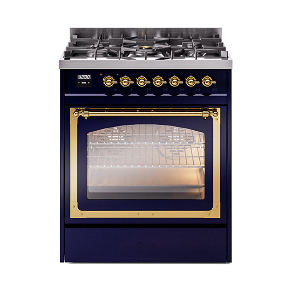 ILVE Nostalgie II Noblesse 30-Inch Propane Gas Dual Fuel Range, Triple Glass Door Oven, Midnight Blue with Brass Trim (UN30NMPMBGLP)