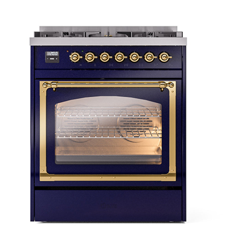 ILVE Nostalgie II Noblesse 30-Inch Propane Gas Dual Fuel Range, Triple Glass Door Oven, Midnight Blue with Brass Trim (UN30NMPMBGLP)