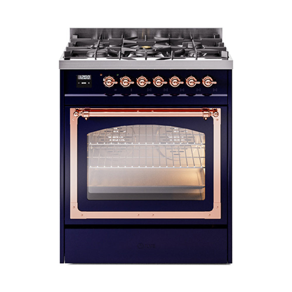 ILVE Nostalgie II Noblesse 30-Inch Propane Gas Dual Fuel Range, Triple Glass Door Oven, Midnight Blue with Copper Trim (UN30NMPMBPLP)