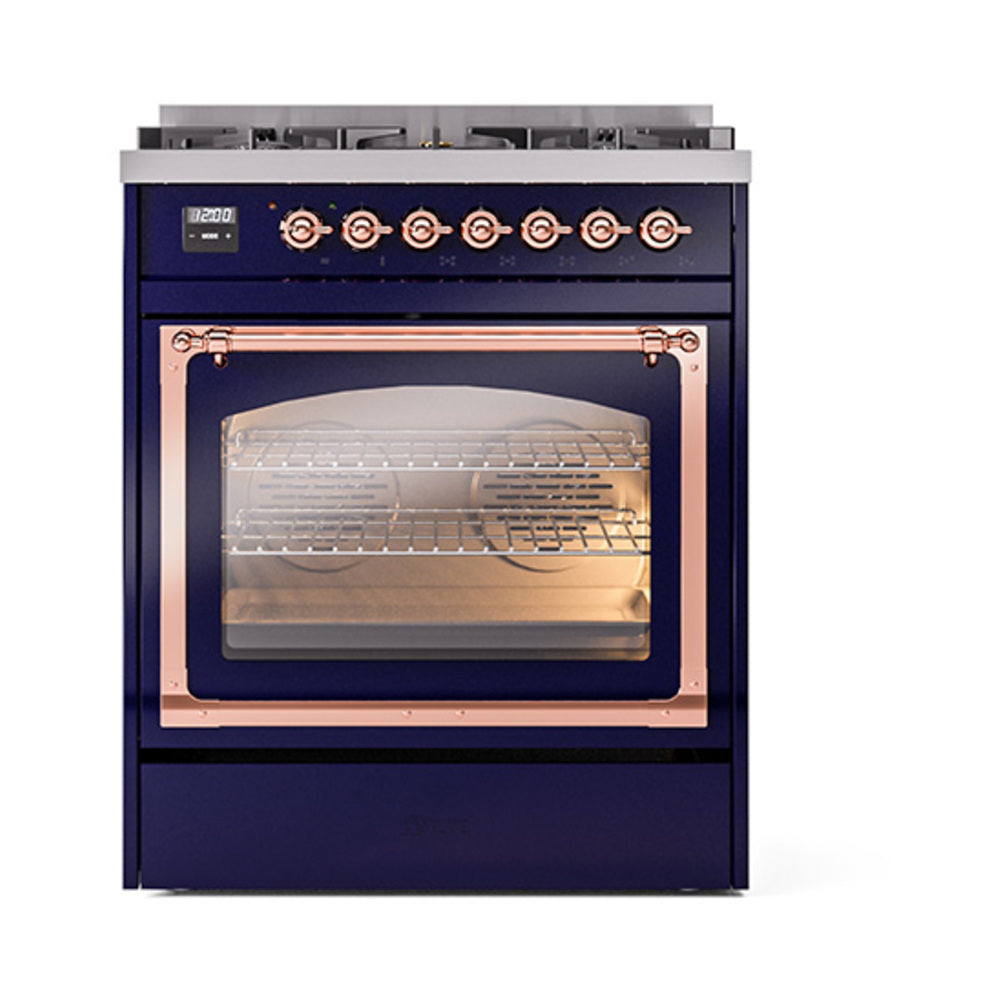 ILVE Nostalgie II Noblesse 30-Inch Propane Gas Dual Fuel Range, Triple Glass Door Oven, Midnight Blue with Copper Trim (UN30NMPMBPLP)