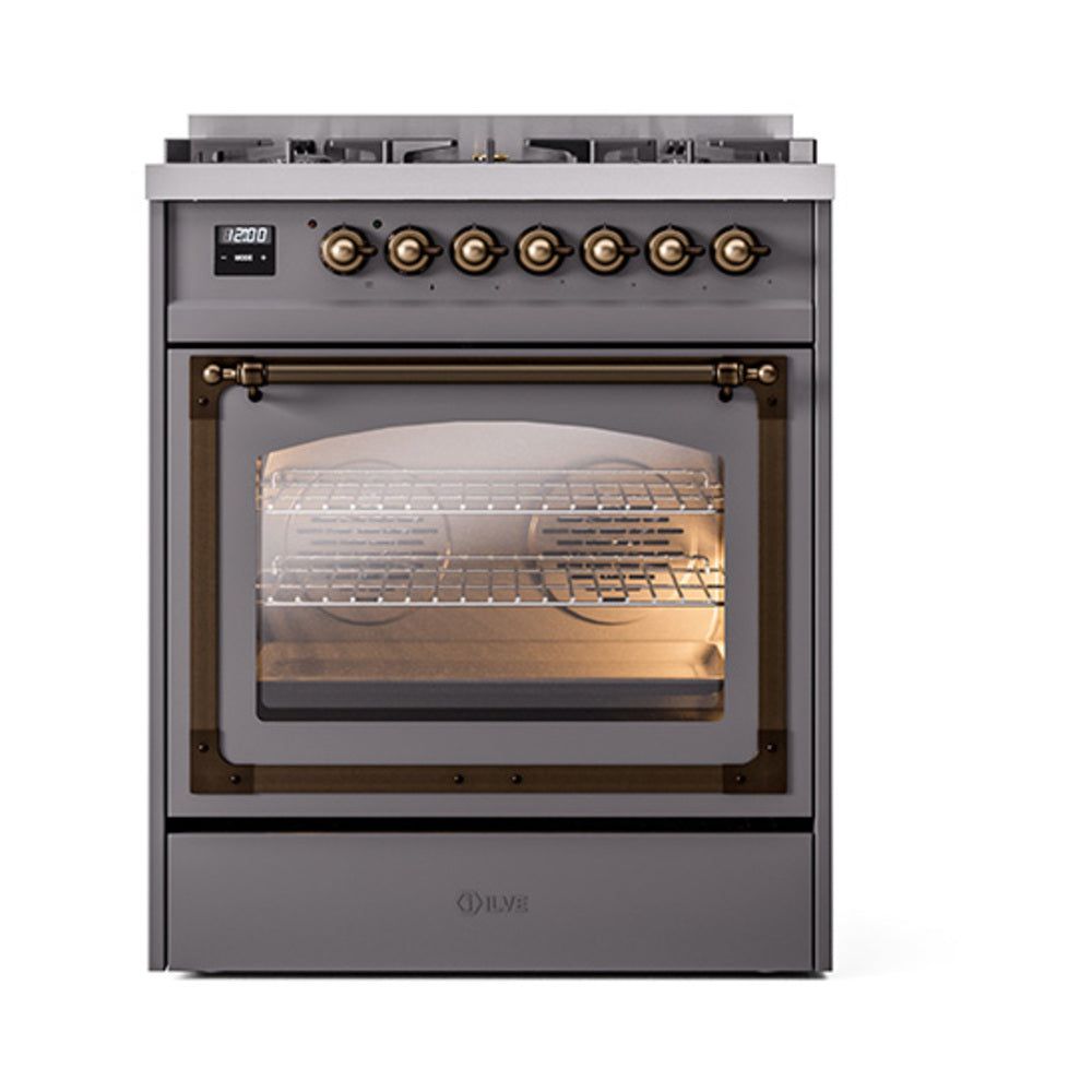 ILVE Nostalgie II Noblesse 30-Inch Propane Gas Dual Fuel Range, Triple Glass Door Oven, Matte Graphite with Burnished Bronze Trim (UN30NMPMGBLP)