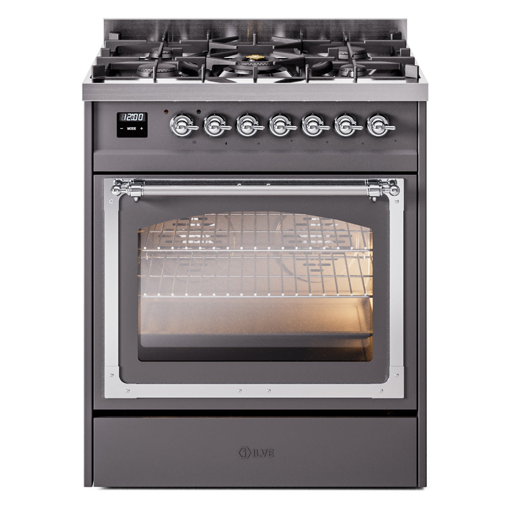 ILVE Nostalgie II Noblesse 30-Inch Natural Gas Dual Fuel Range, Triple Glass Door Oven, Matte Graphite with Chrome Trim (UN30NMPMGC)