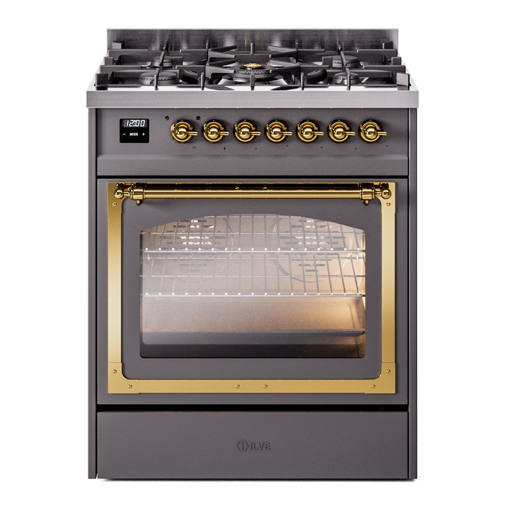 ILVE Nostalgie II Noblesse 30-Inch Natural Gas Dual Fuel Range, Triple Glass Door Oven, Matte Graphite with Brass Trim (UN30NMPMGG)