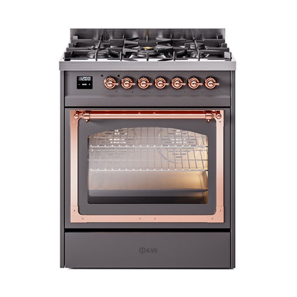 ILVE Nostalgie II Noblesse 30-Inch Natural Gas Dual Fuel Range, Triple Glass Door Oven, Matte Graphite with Copper Trim (UN30NMPMGP)