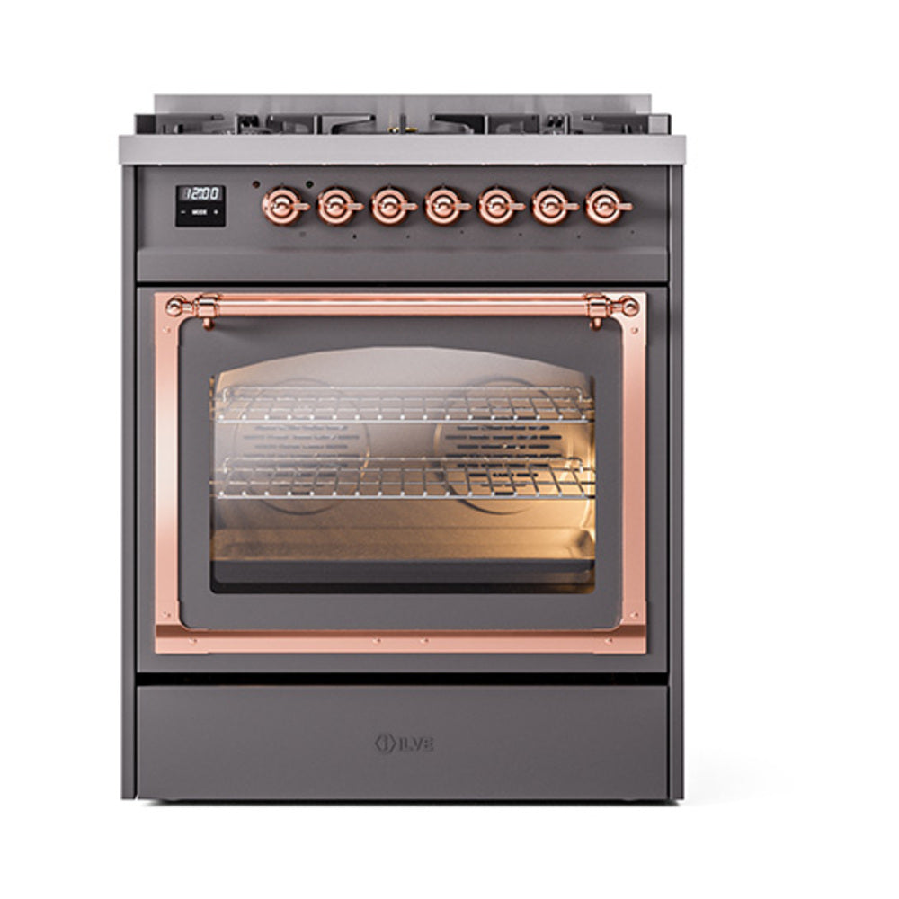 ILVE Nostalgie II Noblesse 30-Inch Propane Gas Dual Fuel Range, Triple Glass Door Oven, Matte Graphite with Copper Trim (UN30NMPMGPLP)