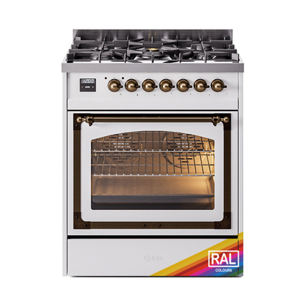 ILVE Nostalgie II Noblesse 30-Inch Natural Gas Dual Fuel Range, Triple Glass Door Oven, Custom RAL with Burnished Bronze Trim (UN30NMPRAB)