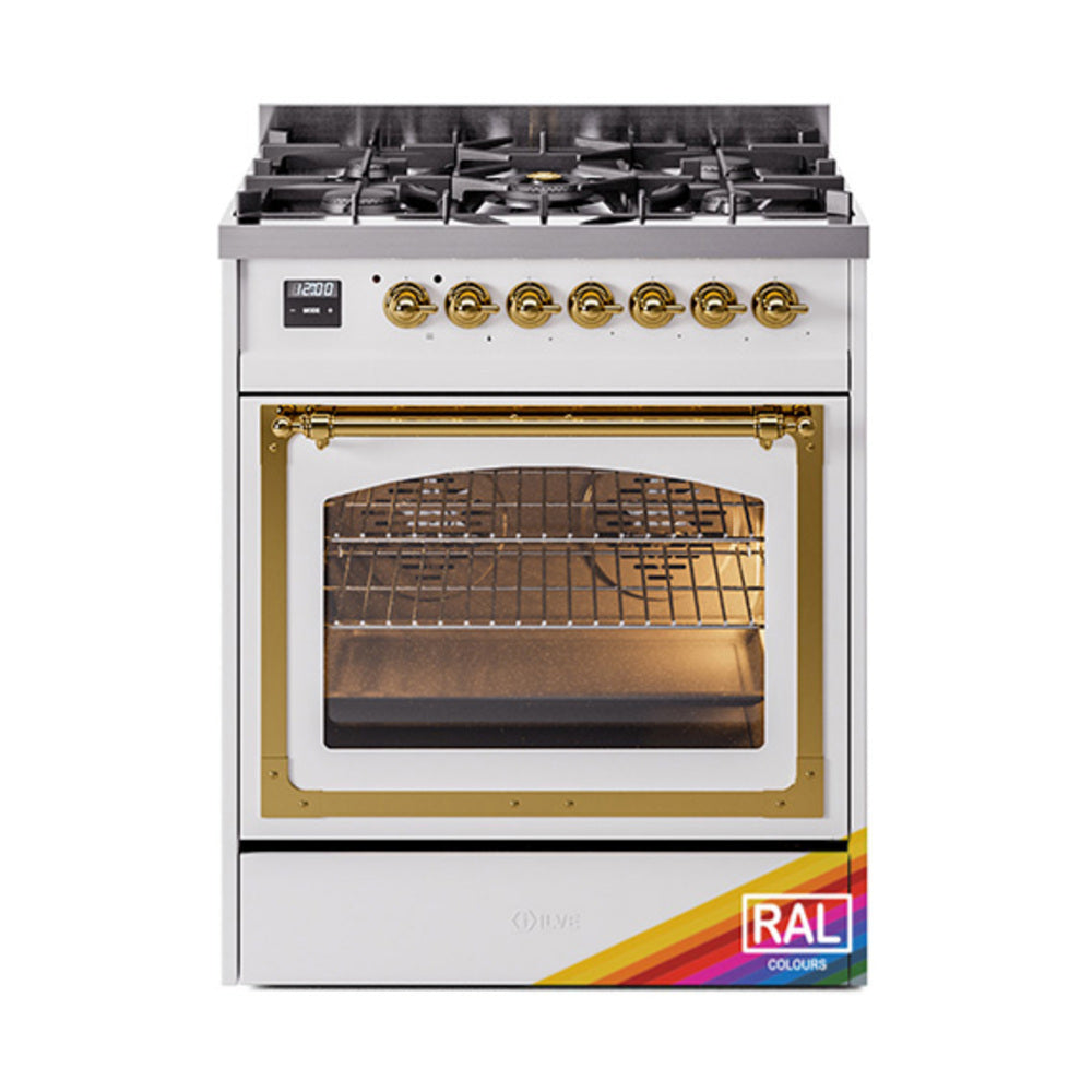 ILVE Nostalgie II Noblesse 30-Inch Propane Gas Dual Fuel Range, Triple Glass Door Oven, RAL with Brass Trim (UN30NMPRAGLP)