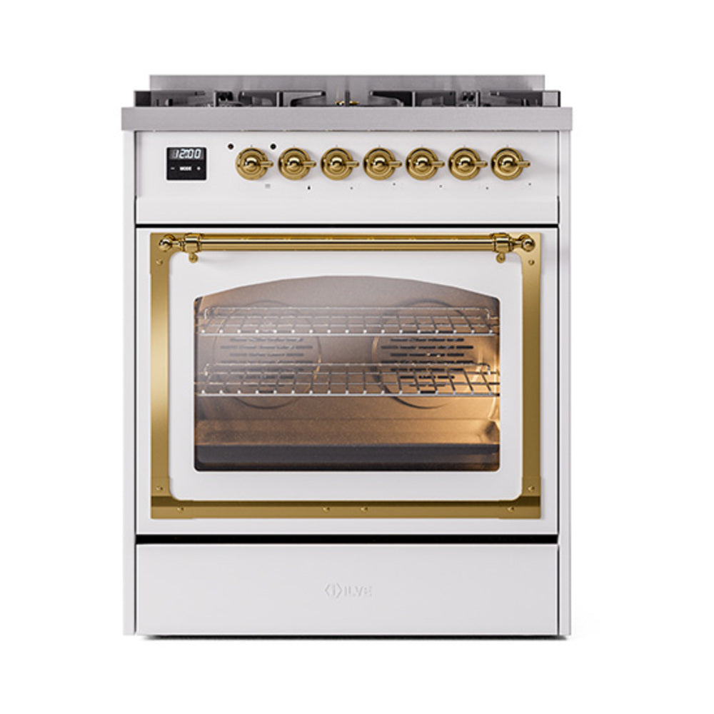ILVE Nostalgie II Noblesse 30-Inch Natural Gas Dual Fuel Range, Triple Glass Door Oven, RAL with Brass Trim (UN30NMPRAG)