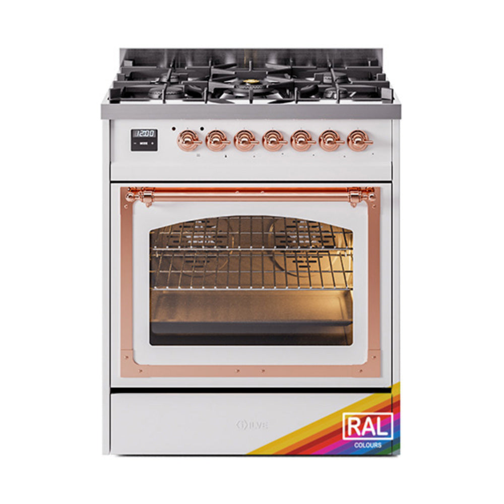 ILVE Nostalgie II Noblesse 30-Inch Propane Gas Dual Fuel Range, Triple Glass Door Oven, Custom RAL with Copper Trim (UN30NMPRAPLP)