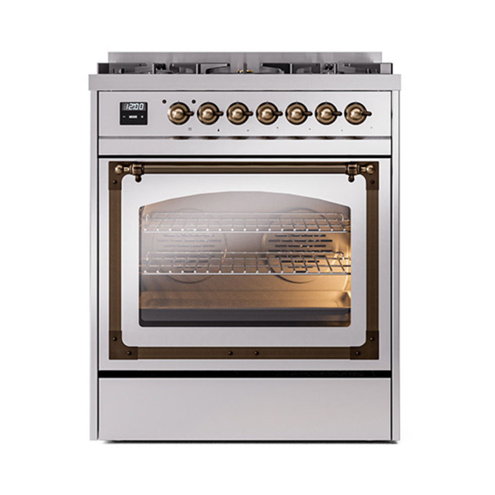 ILVE Nostalgie II Noblesse 30-Inch Propane Gas Dual Fuel Range, Triple Glass Door Oven, Stainless Steel with Burnished Bronze Trim (UN30NMPSSBLP)