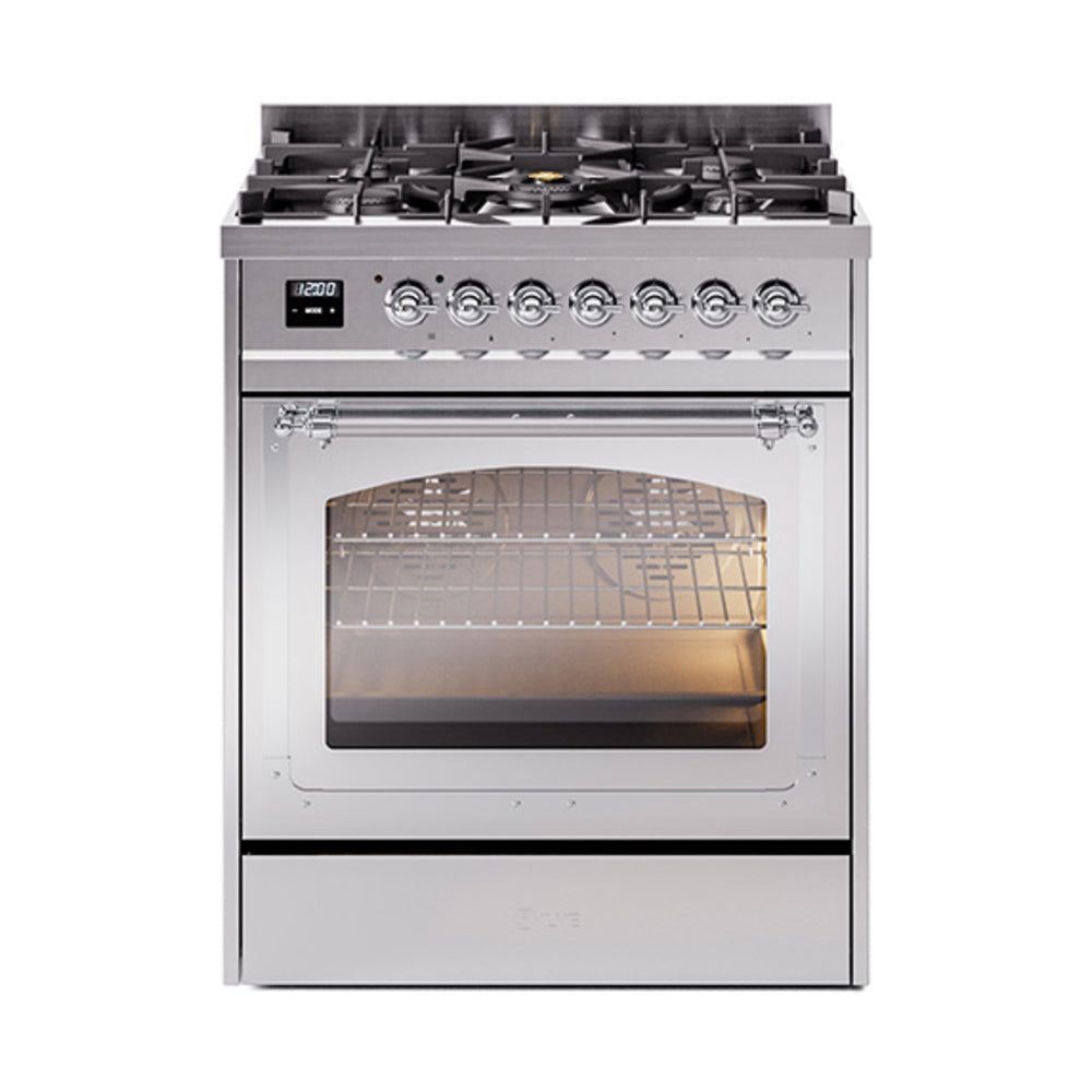 ILVE Nostalgie II Noblesse 30-Inch Natural Gas Dual Fuel Range, Triple Glass Door Oven, Stainless Steel with Chrome Trim (UN30NMPSSC)