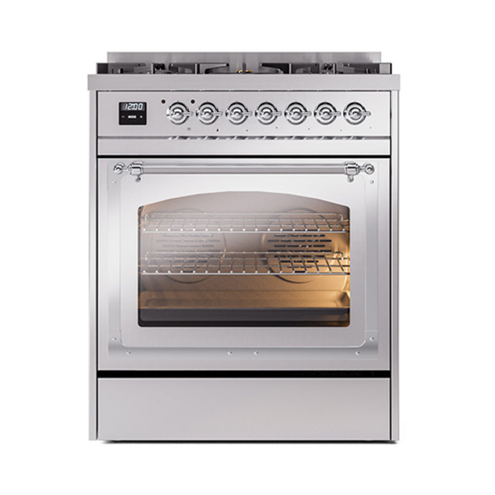 ILVE Nostalgie II Noblesse 30-Inch Propane Gas Dual Fuel Range, Triple Glass Door Oven, Stainless Steel with Chrome Trim (UN30NMPSSCLP)