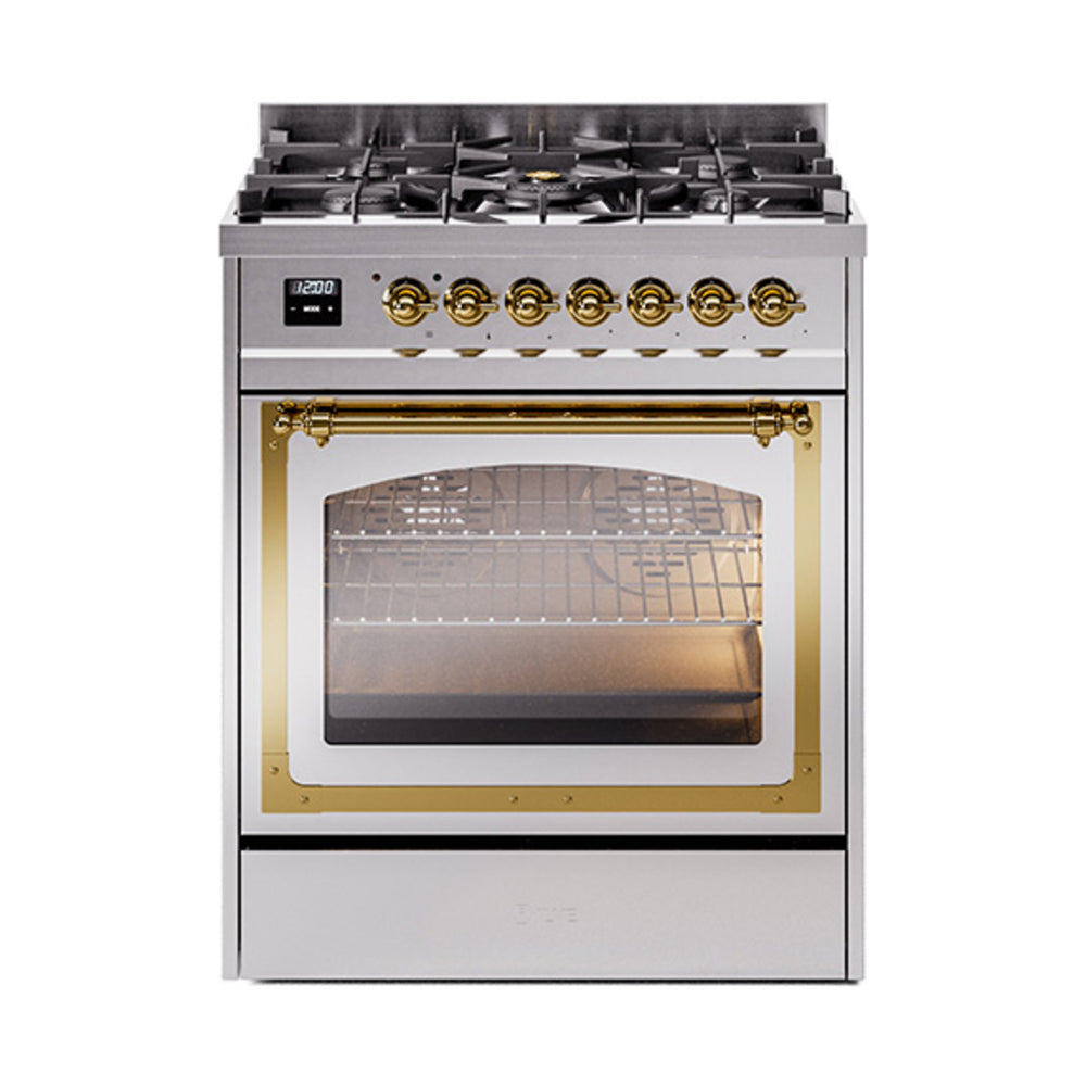 ILVE Nostalgie II Noblesse 30-Inch Propane Gas Dual Fuel Range, Triple Glass Door Oven, Stainless Steel with Brass Trim (UN30NMPSSGLP)