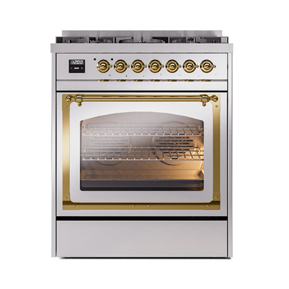 ILVE Nostalgie II Noblesse 30-Inch Propane Gas Dual Fuel Range, Triple Glass Door Oven, Stainless Steel with Brass Trim (UN30NMPSSGLP)