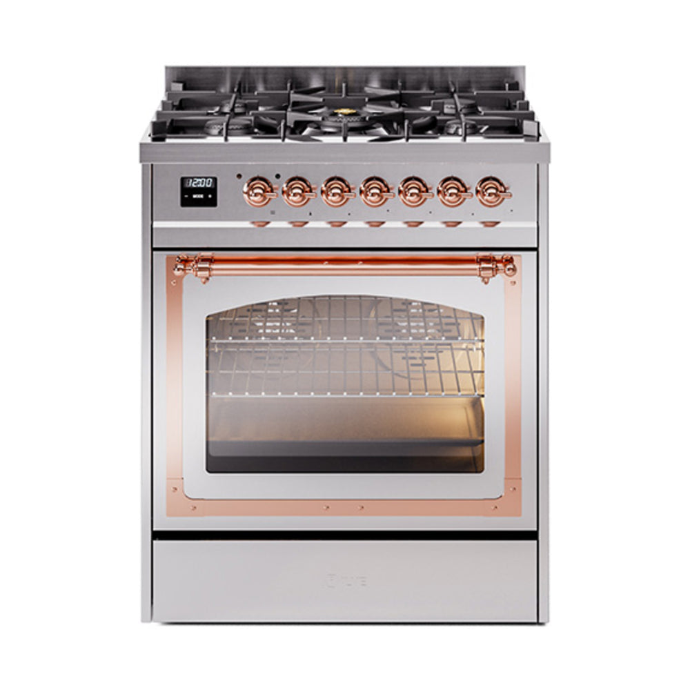 ILVE Nostalgie II Noblesse 30-Inch Propane Gas Dual Fuel Range, Triple Glass Door Oven, Stainless Steel with Copper Trim (UN30NMPSSPLP)
