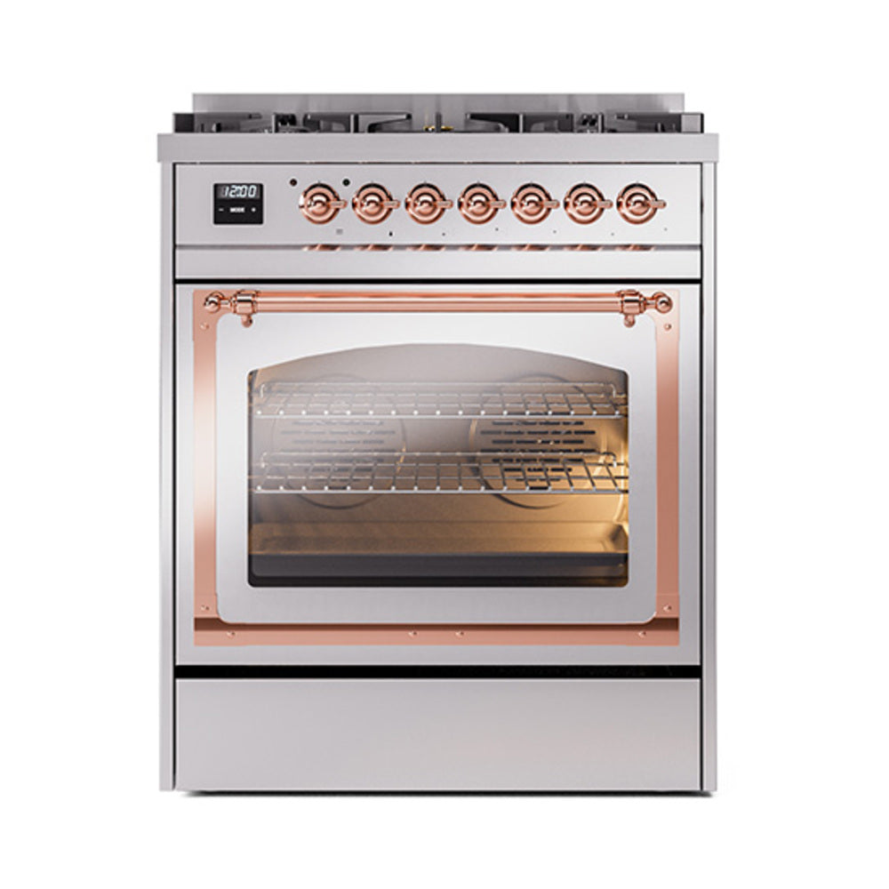 ILVE Nostalgie II Noblesse 30-Inch Propane Gas Dual Fuel Range, Triple Glass Door Oven, Stainless Steel with Copper Trim (UN30NMPSSPLP)