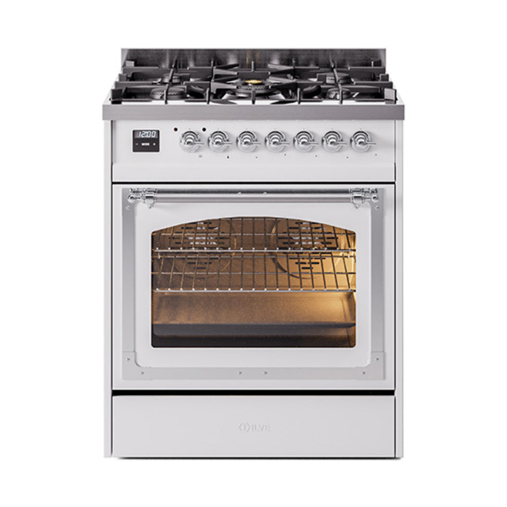 ILVE Nostalgie II Noblesse 30-Inch Propane Gas Dual Fuel Range, Triple Glass Door Oven, White with Chrome Trim (UN30NMPWHCLP)