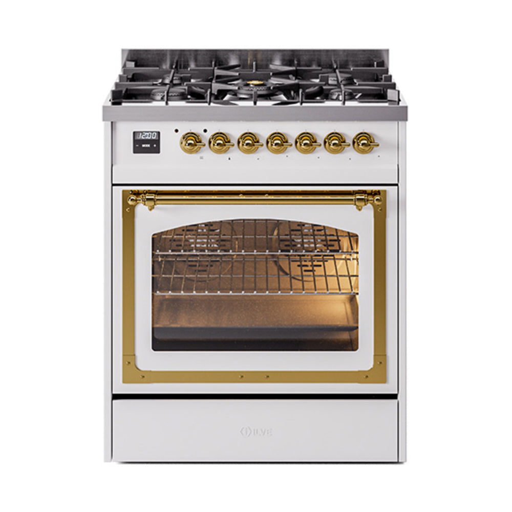 ILVE Nostalgie II Noblesse 30-Inch Natural Gas Dual Fuel Range, Triple Glass Door Oven, White with Brass Trim (UN30NMPWHG)