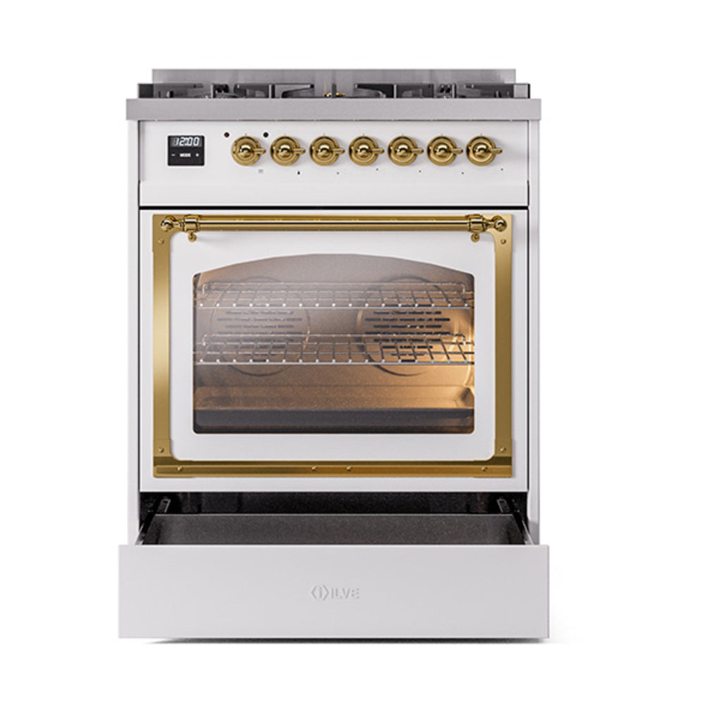 ILVE Nostalgie II Noblesse 30-Inch Natural Gas Dual Fuel Range, Triple Glass Door Oven, White with Brass Trim (UN30NMPWHG)