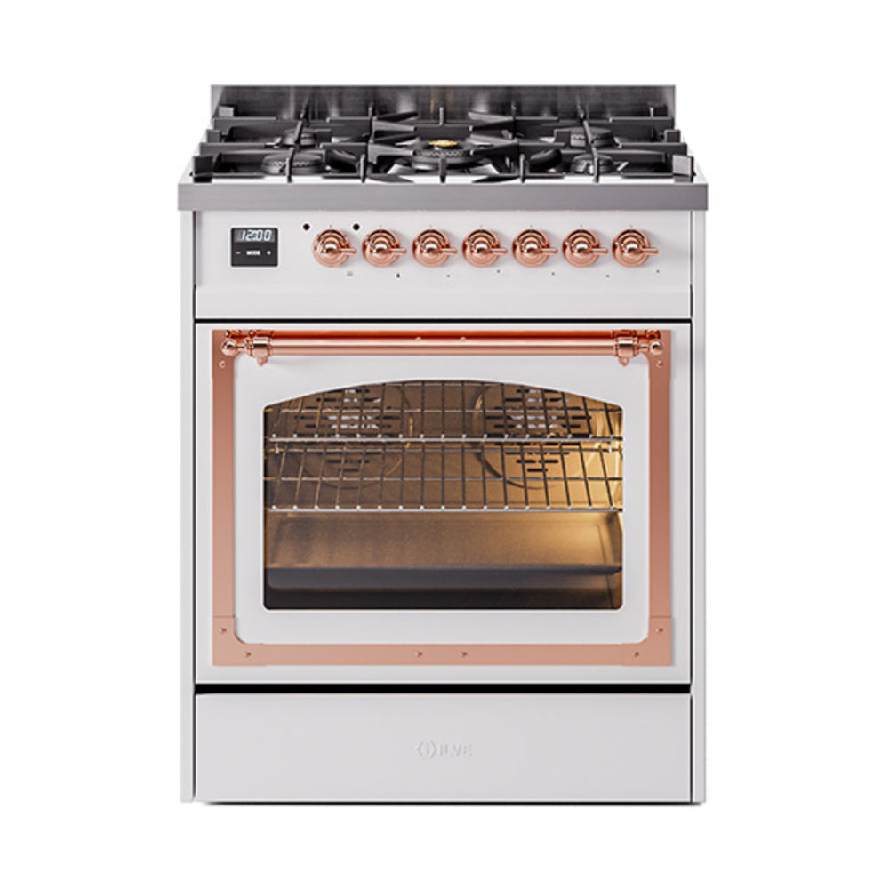 ILVE Nostalgie II Noblesse 30-Inch Natural Gas Dual Fuel Range, Triple Glass Door Oven, White with Copper Trim (UN30NMPWHP)