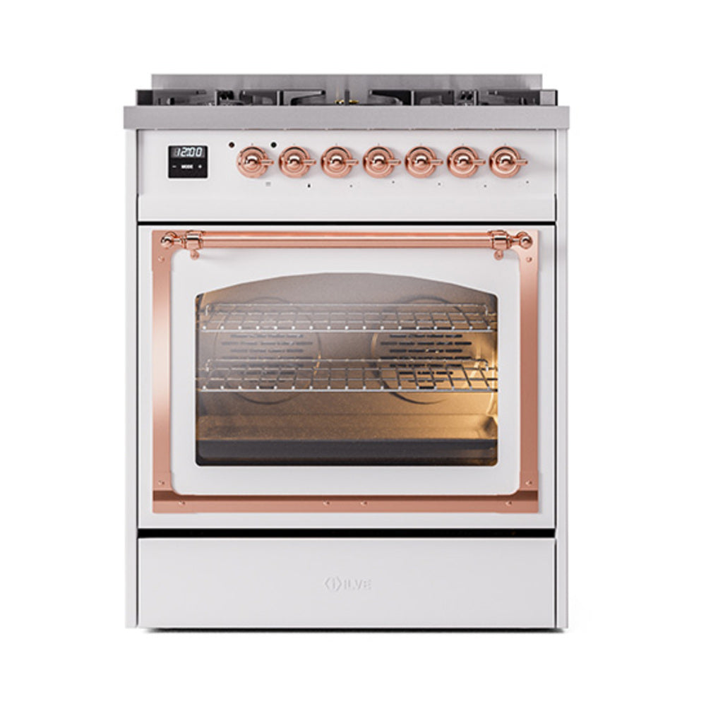 ILVE Nostalgie II Noblesse 30-Inch Propane Gas Dual Fuel Range, Triple Glass Door Oven, White with Copper Trim (UN30NMPWHPLP)