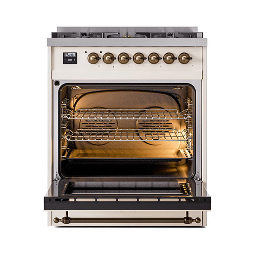 ILVE Nostalgie II Noblesse 30-Inch Propane Gas Dual Fuel Range, Solid Door Oven, Antique White with Burnished Bronze Trim (UN30QNMPAWBLP)