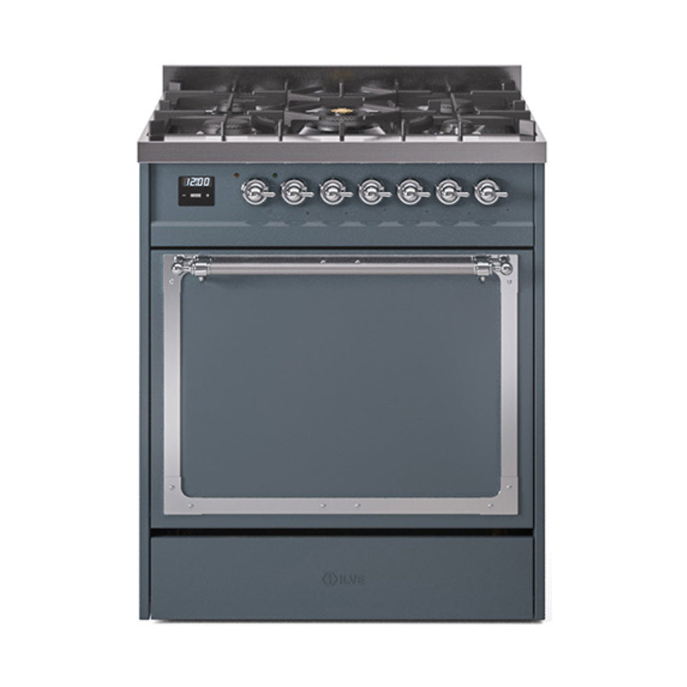 ILVE Nostalgie II Noblesse 30-Inch Natural Gas Dual Fuel Range, Solid Door Oven, Blue Grey with Chrome Trim (UN30QNMPBGC)