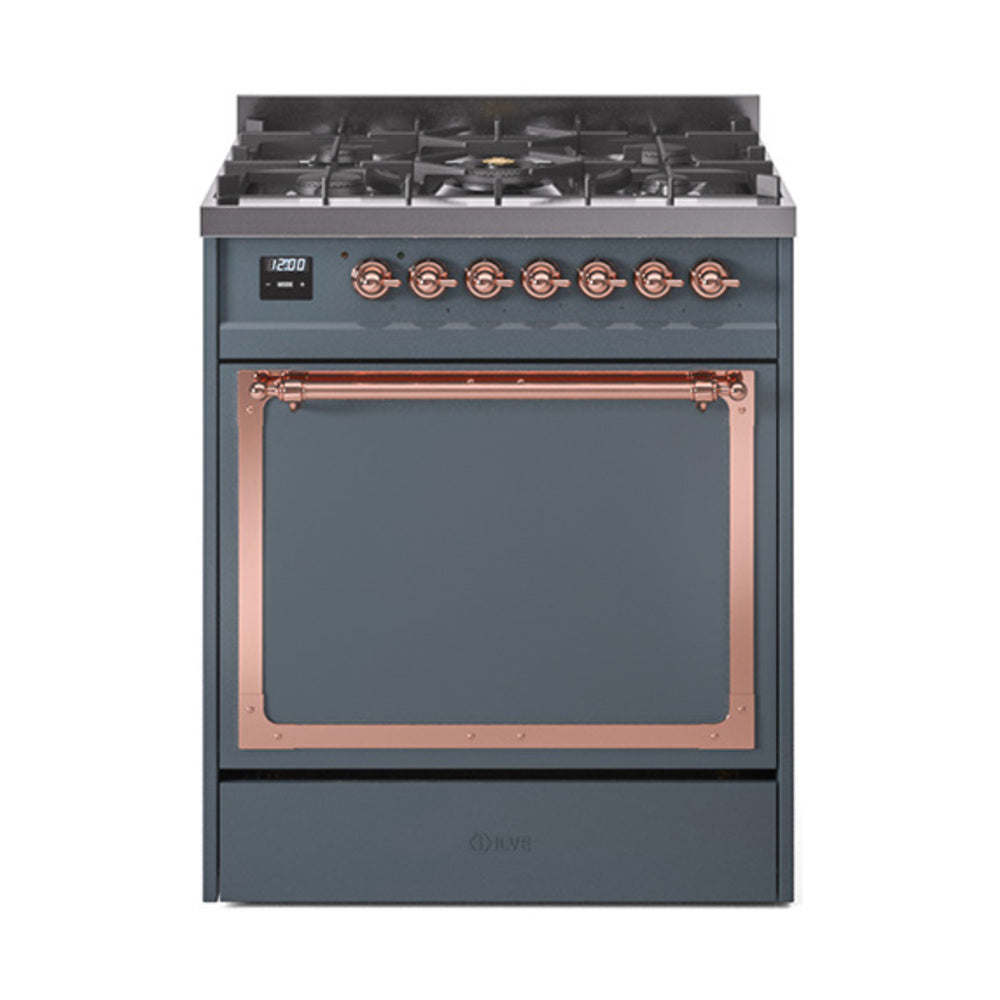 ILVE Nostalgie II Noblesse 30-Inch Natural Gas Dual Fuel Range, Solid Door Oven, Blue Grey with Copper Trim (UN30QNMPBGP)