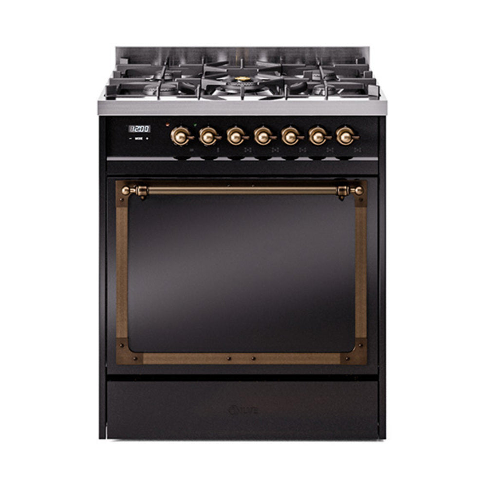 ILVE Nostalgie II Noblesse 30-Inch Propane Gas Dual Fuel Range, Solid Door Oven, Glossy Black with Burnished Bronze Trim (UN30QNMPBKBLP)
