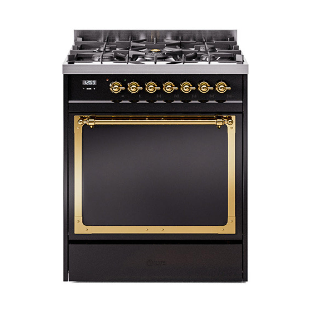 ILVE Nostalgie II Noblesse 30-Inch Propane Gas Dual Fuel Range, Solid Door Oven, Glossy Black with Brass Trim (UN30QNMPBKGLP)