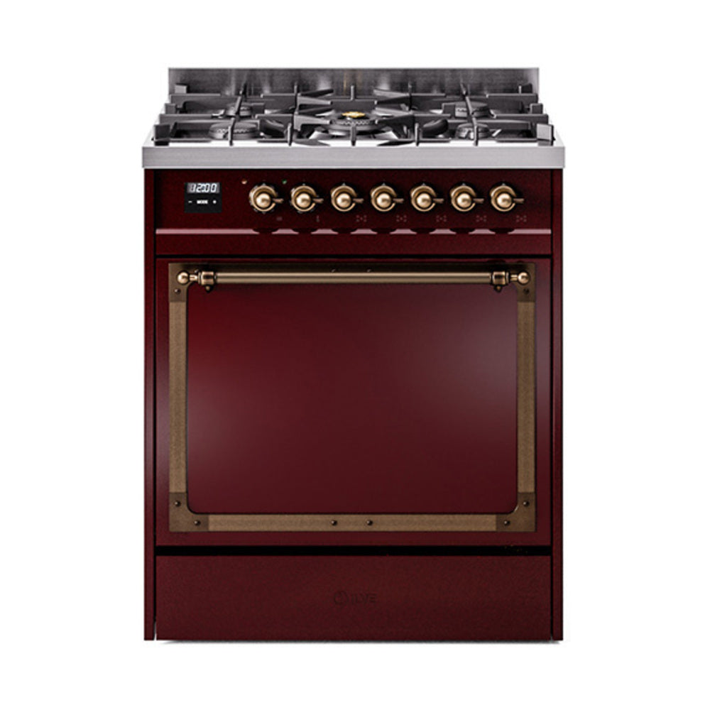 ILVE Nostalgie II Noblesse 30-Inch Natural Gas Dual Fuel Range, Solid Door Oven, Burgundy with Burnished Bronze Trim (UN30QNMPBUB)