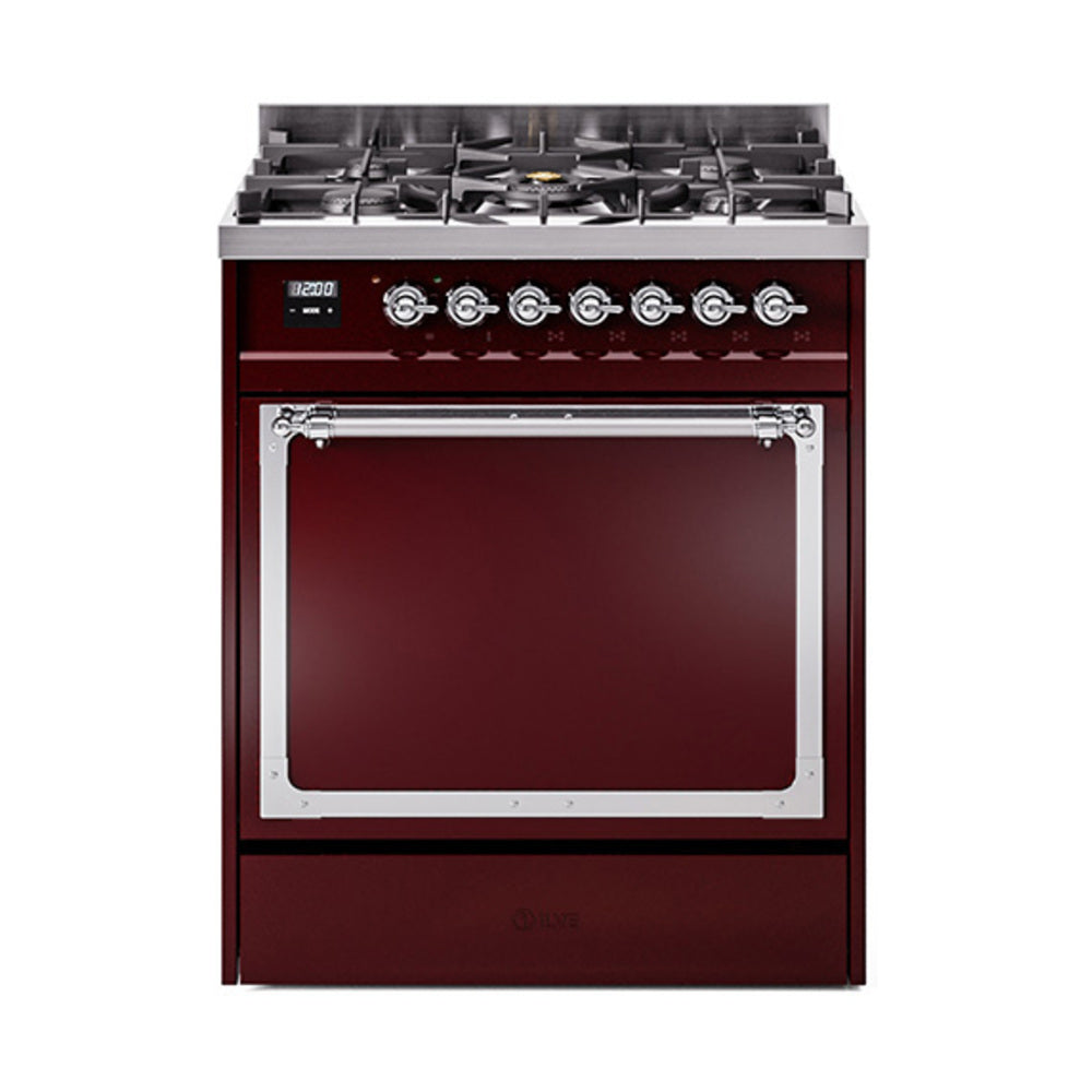 ILVE Nostalgie II Noblesse 30-Inch Natural Gas Dual Fuel Range, Solid Door Oven, Burgundy with Chrome Trim (UN30QNMPBUC)