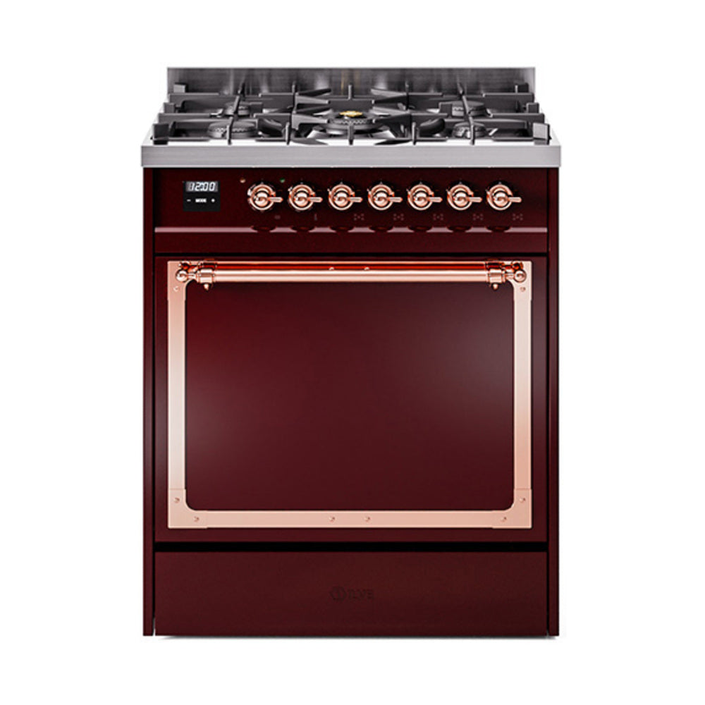 ILVE Nostalgie II Noblesse 30-Inch Natural Gas Dual Fuel Range, Solid Door Oven, Burgundy with Copper Trim (UN30QNMPBUP)