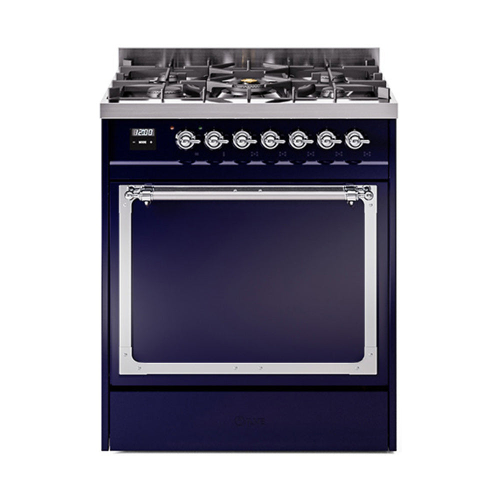 ILVE Nostalgie II Noblesse 30-Inch Propane Gas Dual Fuel Range, Solid Door Oven, Midnight Blue with Chrome Trim (UN30QNMPMBCLP)