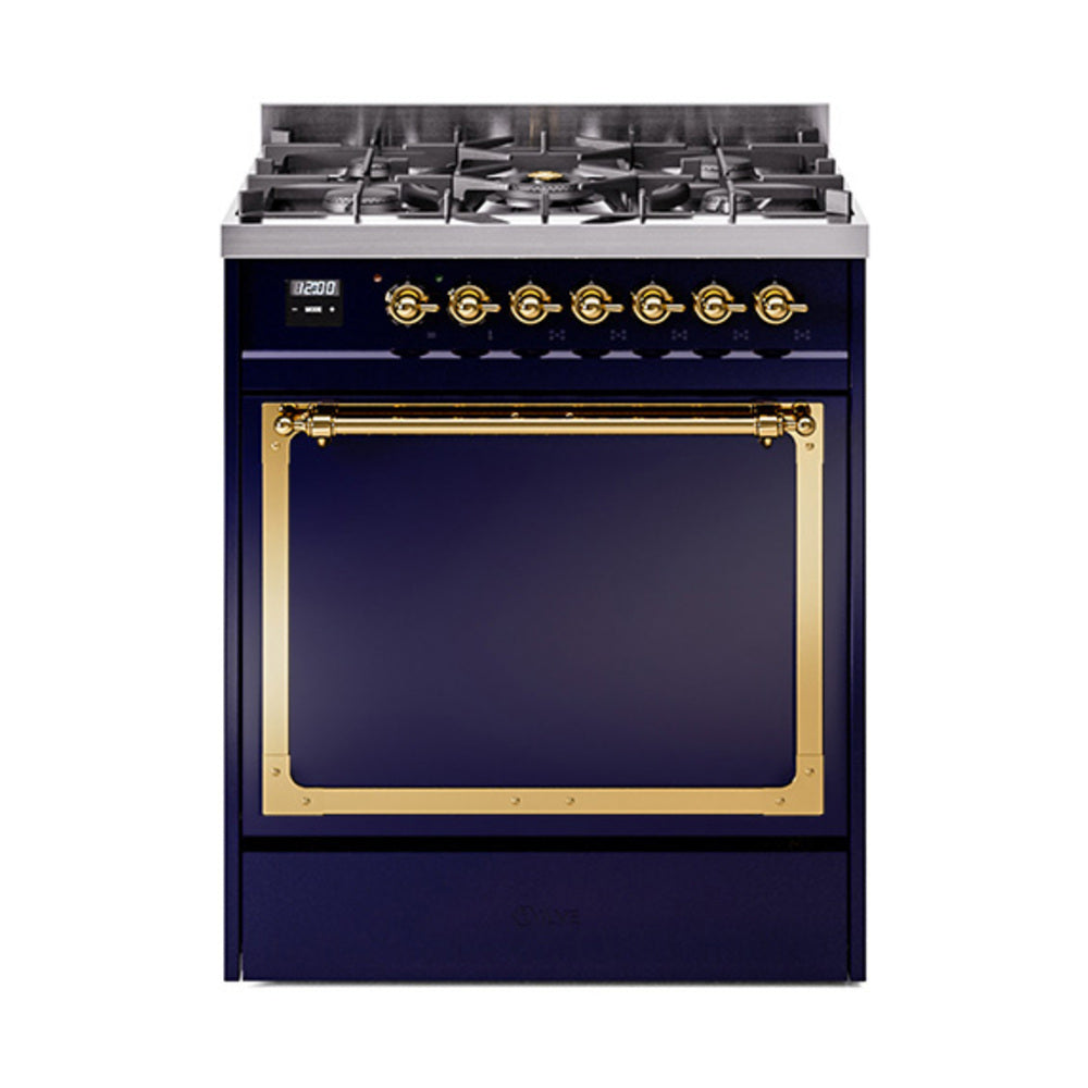 ILVE Nostalgie II Noblesse 30-Inch Natural Gas Dual Fuel Range, Solid Door Oven, Midnight Blue with Brass Trim (UN30QNMPMBG)