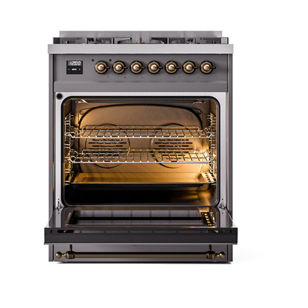 ILVE Nostalgie II Noblesse 30-Inch Propane Gas Dual Fuel Range, Solid Door Oven, Matte Graphite with Burnished Bronze Trim (UN30QNMPMGBLP)