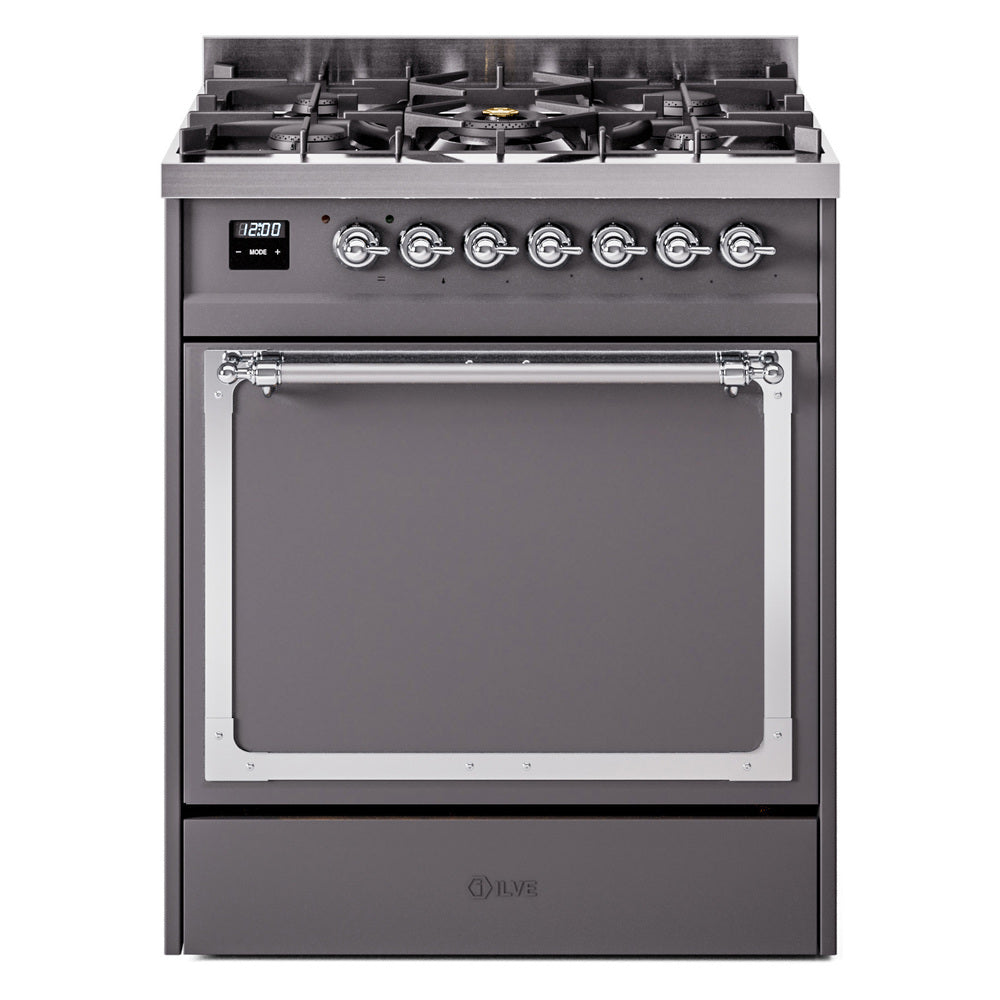 ILVE Nostalgie II Noblesse 30-Inch Natural Gas Dual Fuel Range, Solid Door Oven, Matte Graphite with Chrome Trim (UN30QNMPMGC)