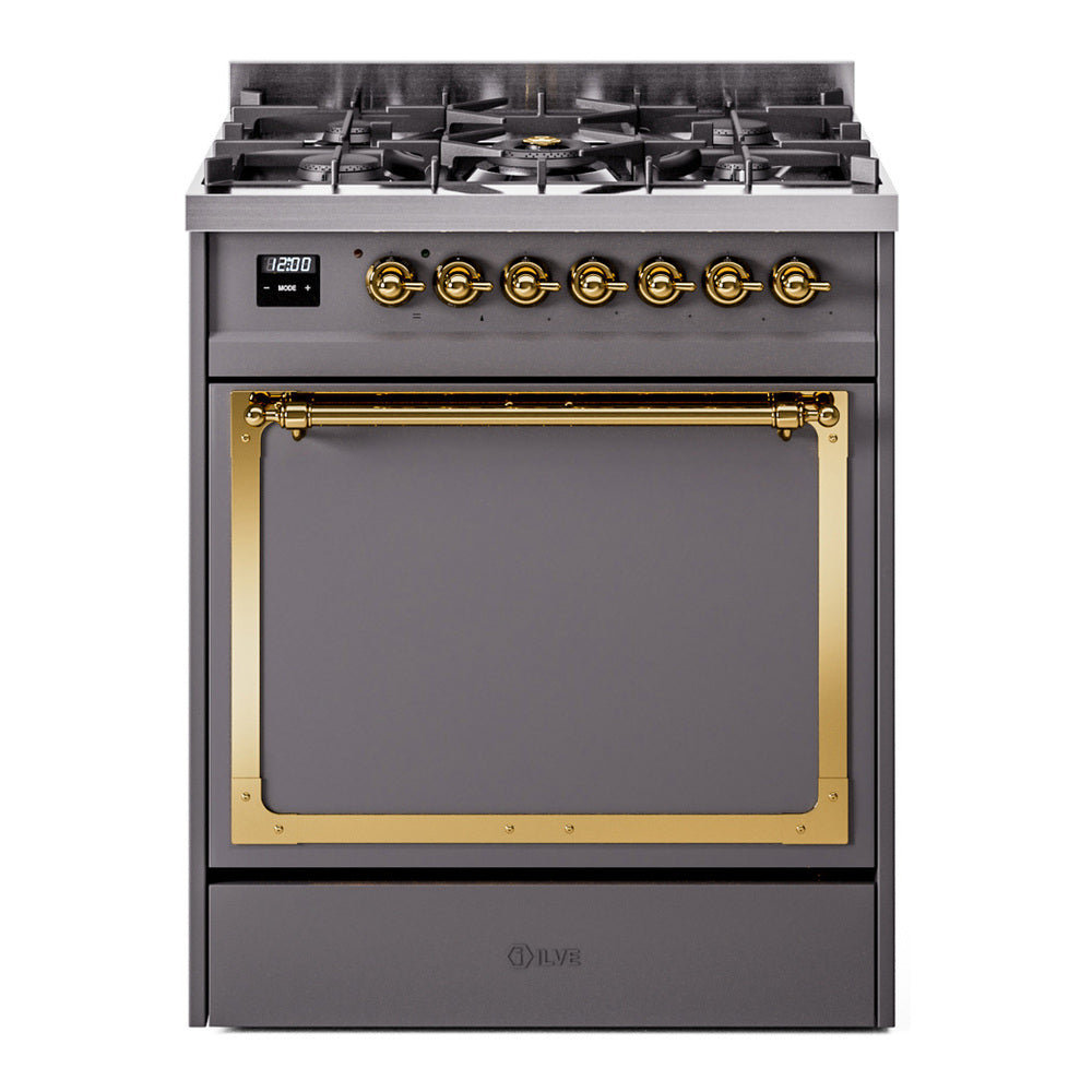 ILVE Nostalgie II Noblesse 30-Inch Natural Gas Dual Fuel Range, Solid Door Oven, Matte Graphite with Brass Trim (UN30QNMPMGG)