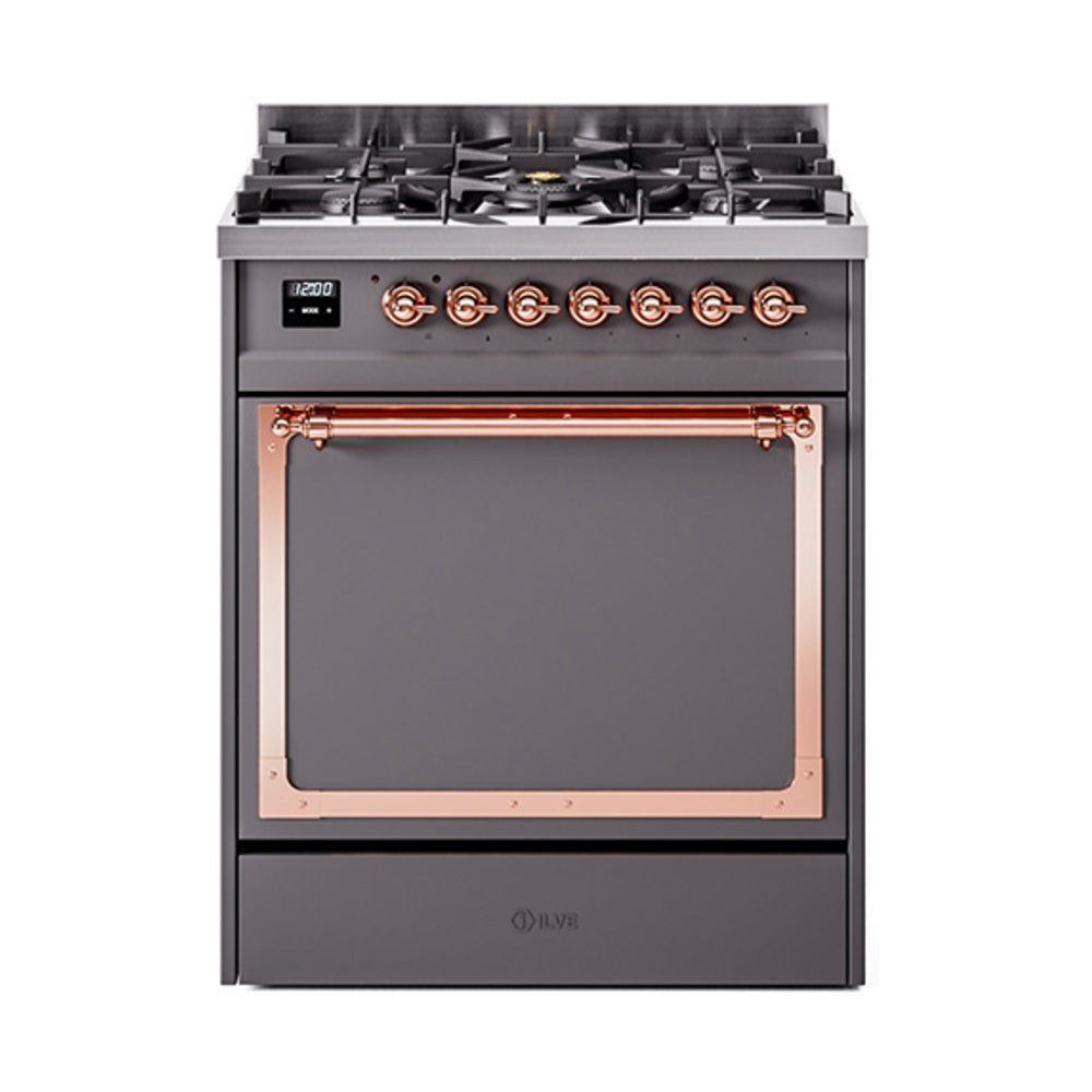 ILVE Nostalgie II Noblesse 30-Inch Natural Gas Dual Fuel Range, Solid Door Oven, Matte Graphite with Copper Trim (UN30QNMPMGP)